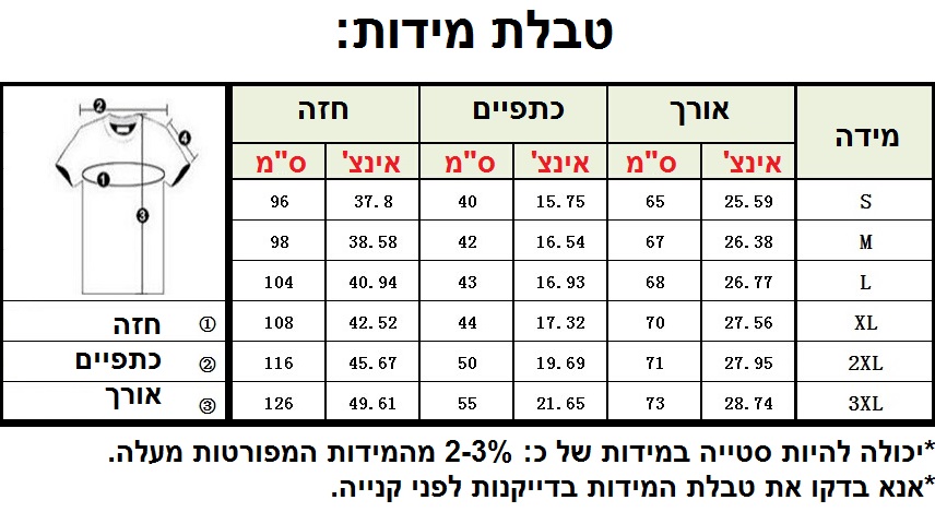 טבלת מידות טבלת מידות